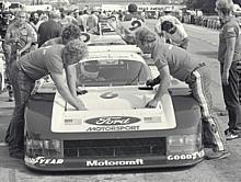 Budweiser 500, Road America, WI, 1983. GTP Mustang in pit.